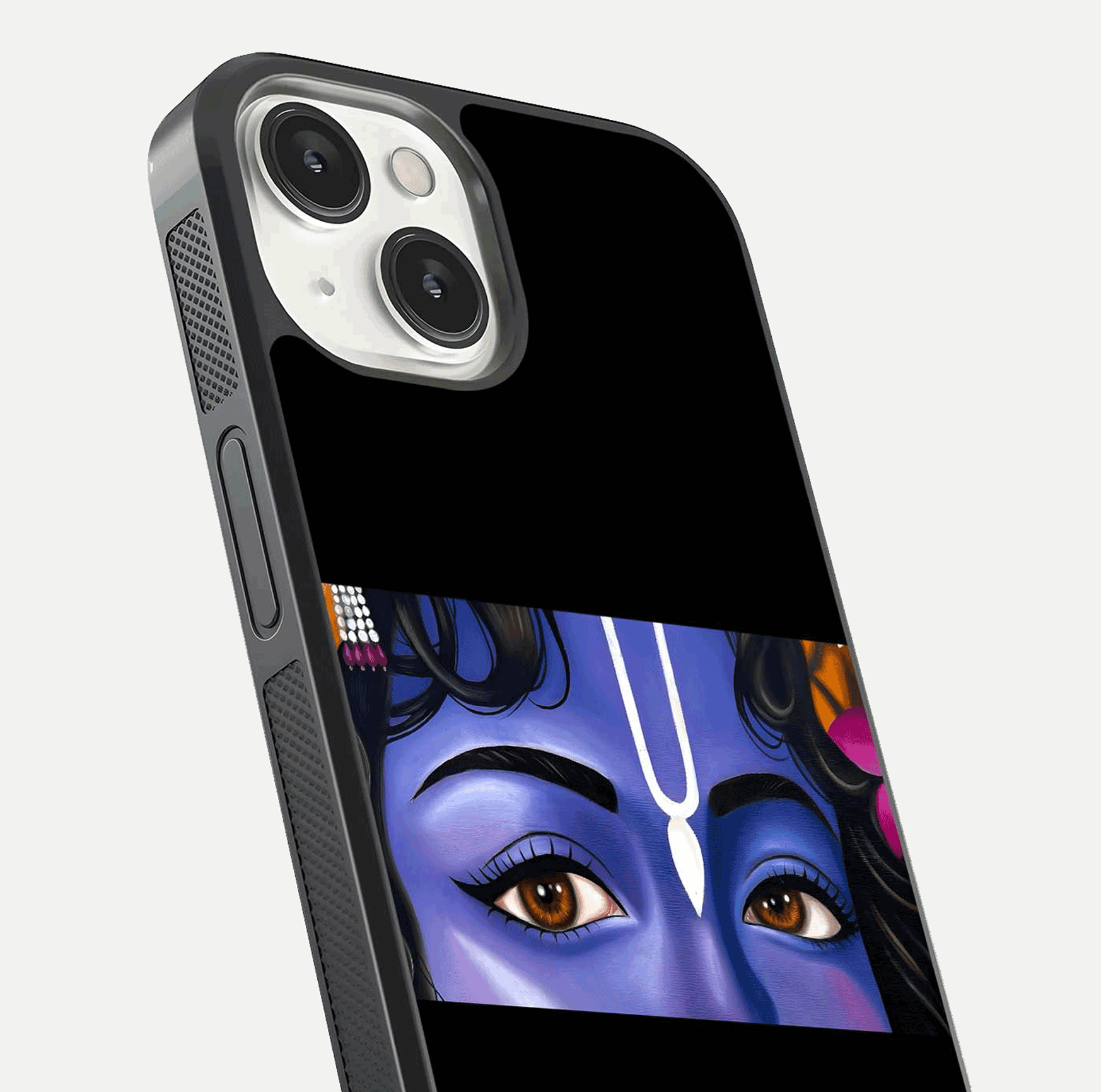 Krishna Eye Glass Case for iPhone 13 close-up angled shot showing intricate artwork and reflection shine