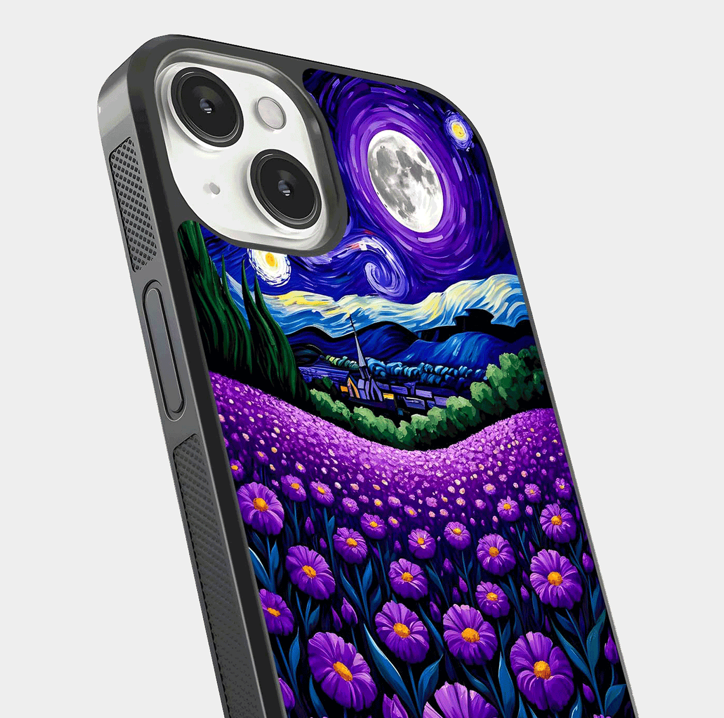 Lavender Moon Field Glass Case for iPhone 13 close-up angled shot showing moon glow and purple detailing