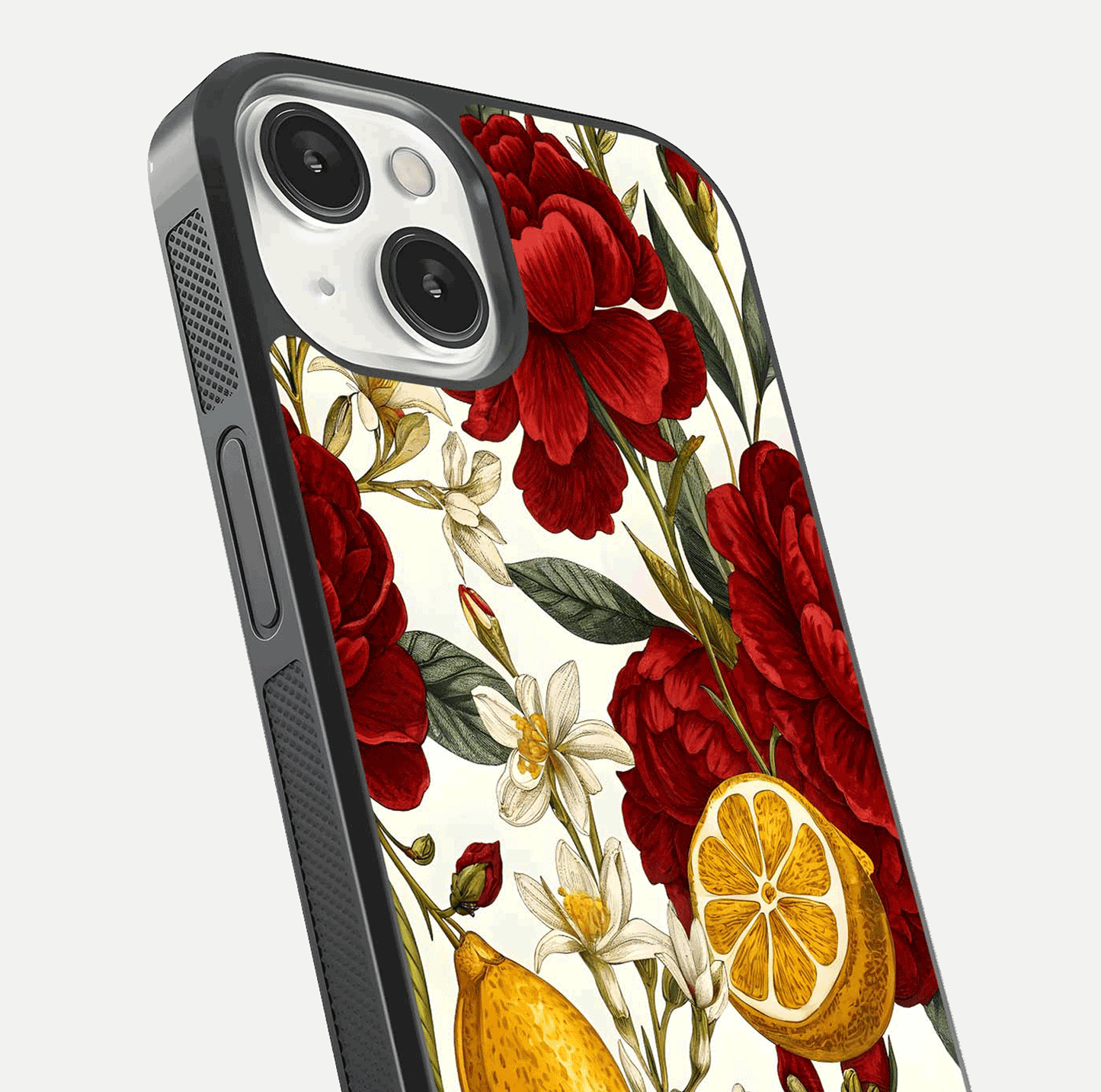 Lemon Rose Charm Glass Case for iPhone 13 angled close-up showing vivid rose details and HD glass reflection