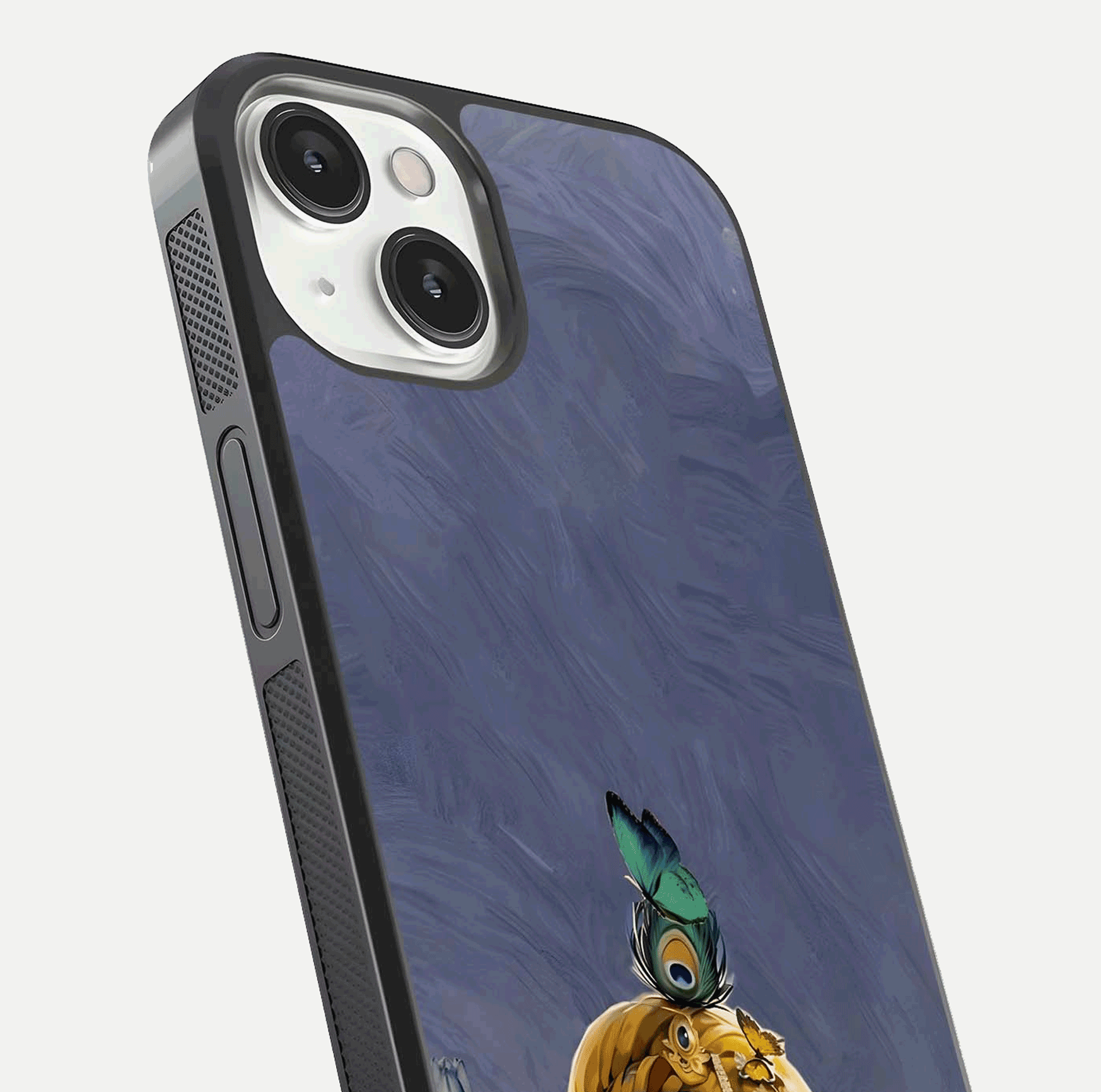 Lord Krishna Glass Case for iPhone 13 angled close-up showing intricate flute and reflection details