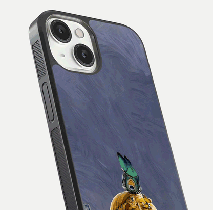 Lord Krishna Glass Case for iPhone 13 angled close-up showing intricate flute and reflection details