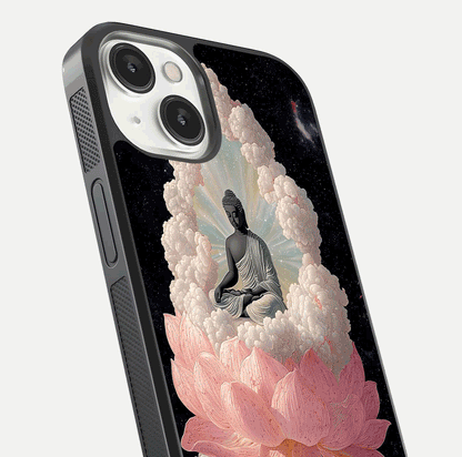 Lotus Divine Peace Glass Case for iPhone 13 angled close-up showing delicate petals and gloss reflection