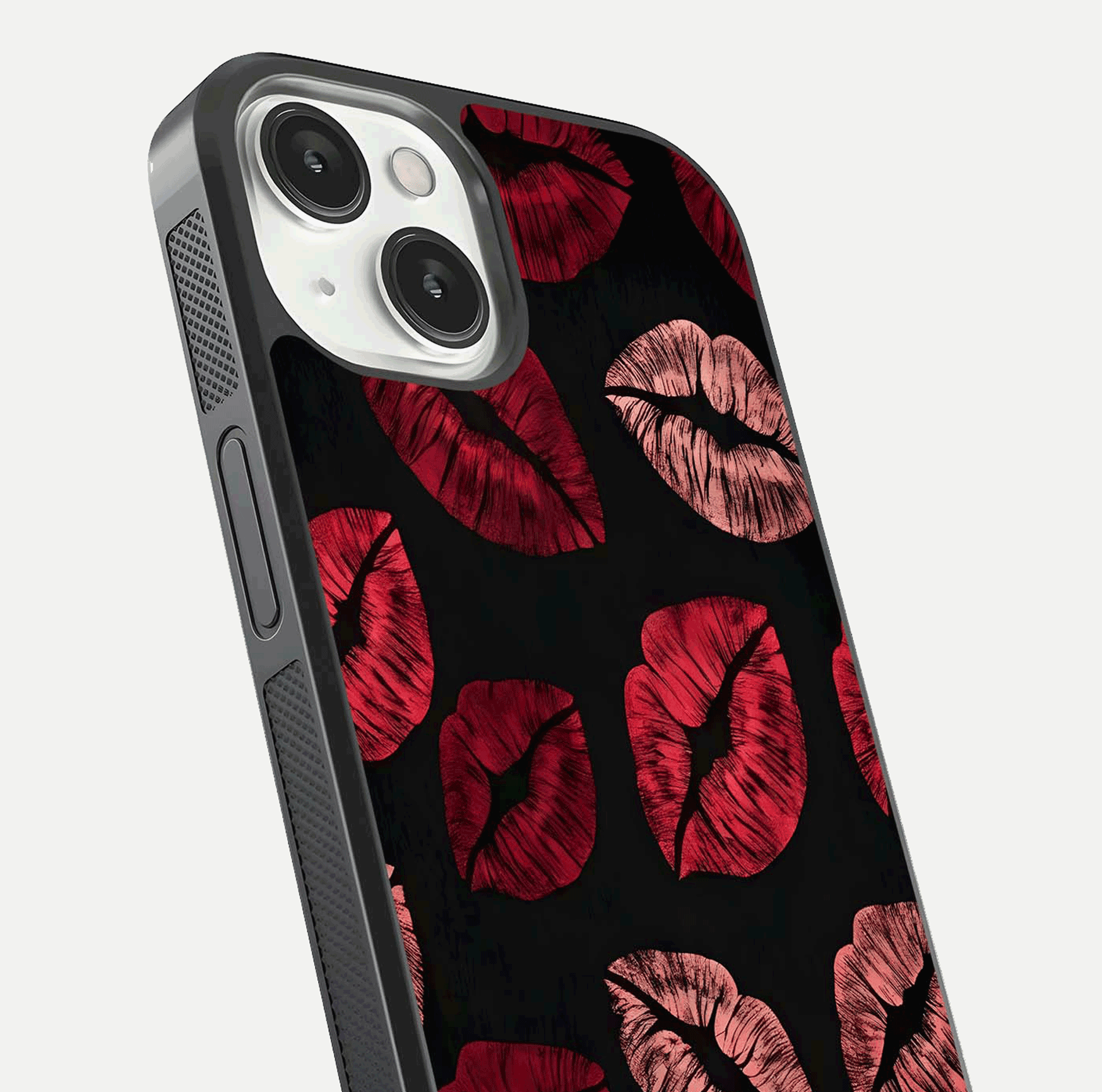 Midnight Kiss Love Glass Case for iPhone 13 close-up angle highlighting red accents and reflection shine