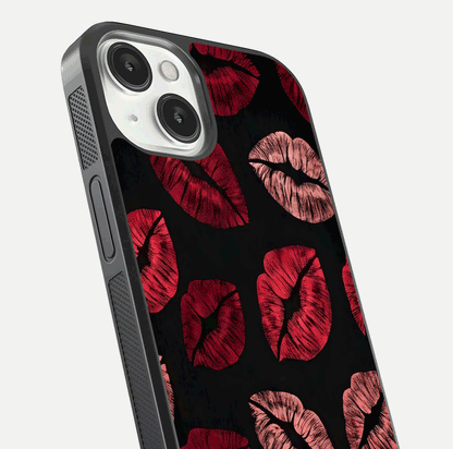 Midnight Kiss Love Glass Case for iPhone 13 close-up angle highlighting red accents and reflection shine