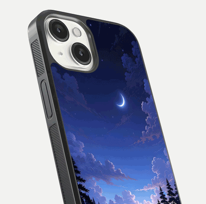 Midnight Lake Peace Glass Case for iPhone 13 close-up angled shot showing blue night tones and reflection