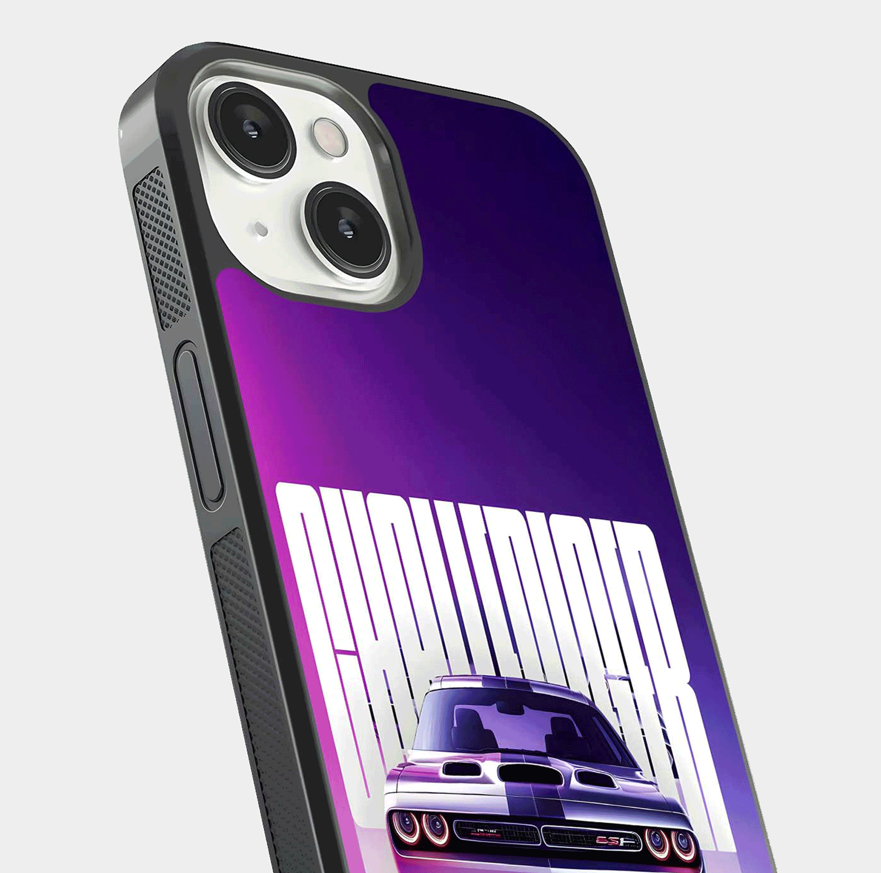 Midnight Muscle Ride Glass Case for iPhone 13 close-up angled shot showing HD reflections and car details