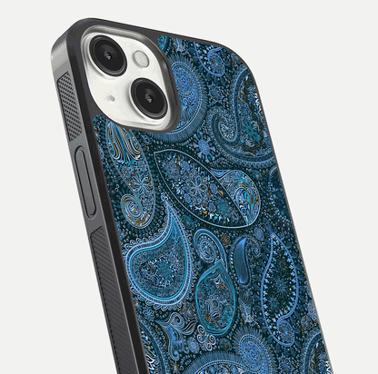 Midnight Paisley Glow Glass Case for iPhone 13 close-up angled shot showing floral details and gloss texture