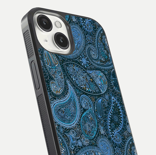 Midnight Paisley Glow Glass Case for iPhone 13 close-up angled shot showing floral details and gloss texture