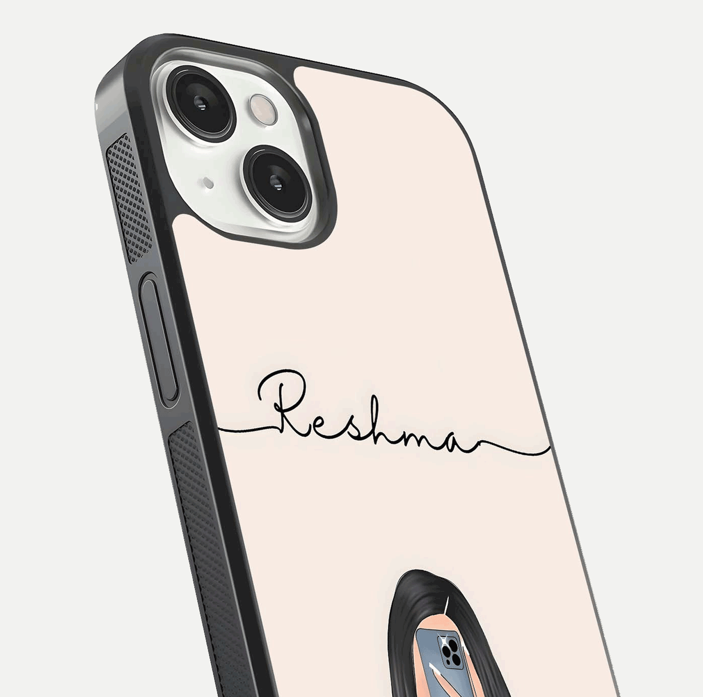 Mirror Mood Muse Custom Name Glass Case for iPhone 13 close-up angled shot highlighting gloss and mirror depth