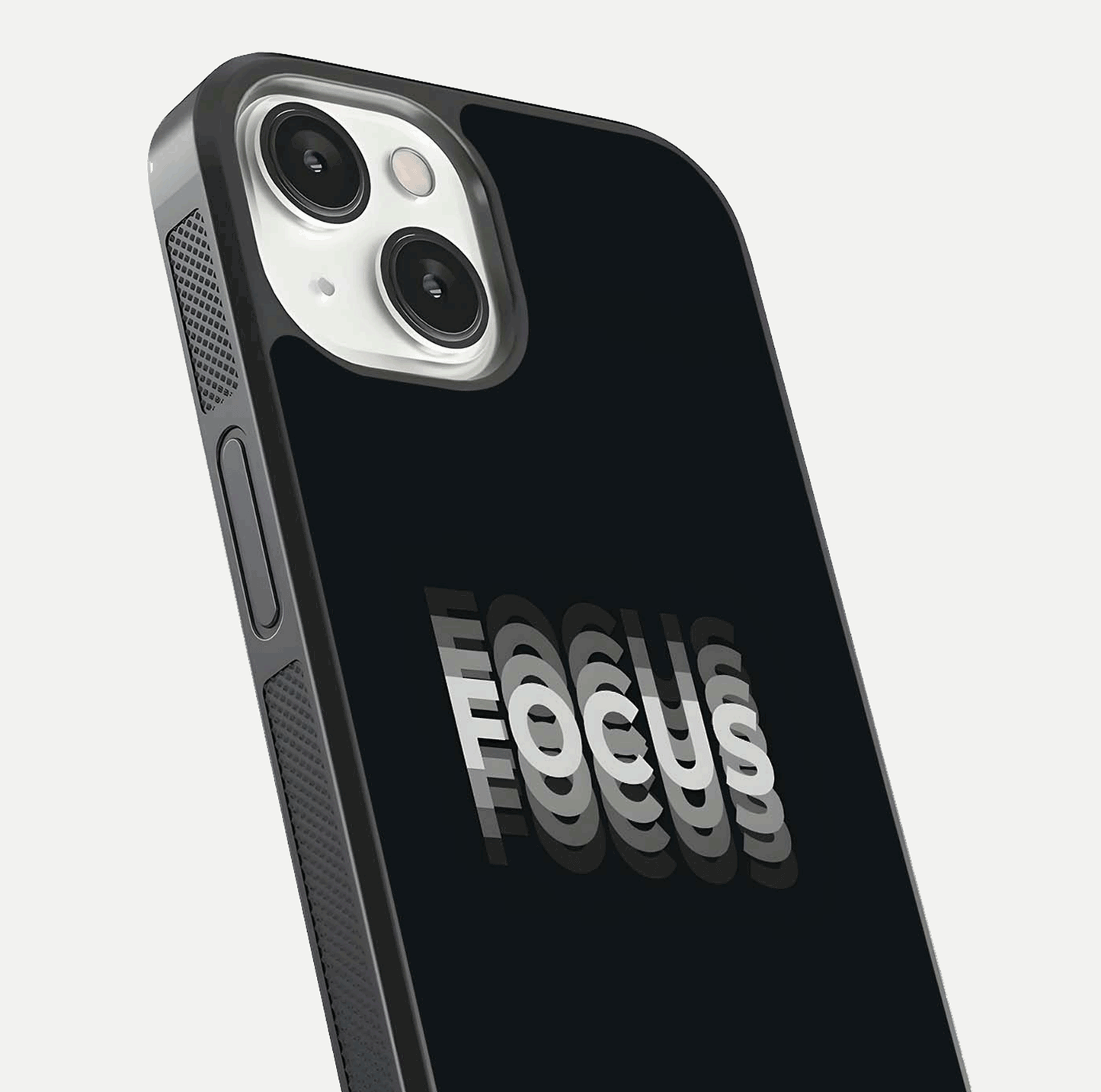 Mono Focus Vision Glass Case for iPhone 13 close-up angled shot highlighting minimal contrast and reflection