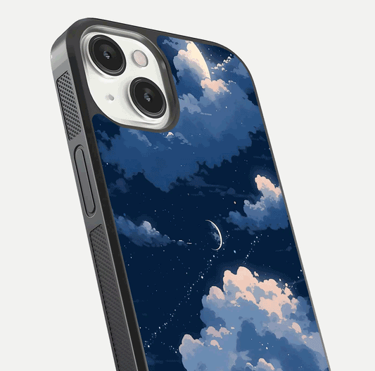 Moon Dream Haze Glass Case for iPhone 13 close-up angled shot showing moon reflection and subtle glow