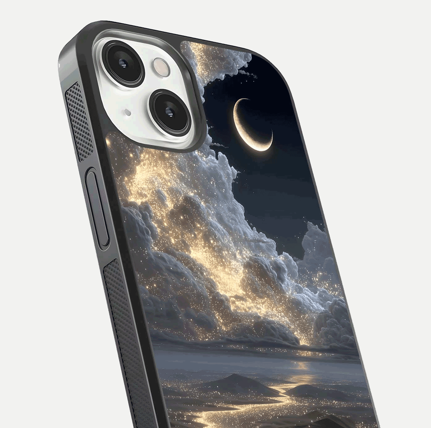 Moonlight Spark Path Glass Case for iPhone 13 close-up angled shot showing glowing stars and reflection