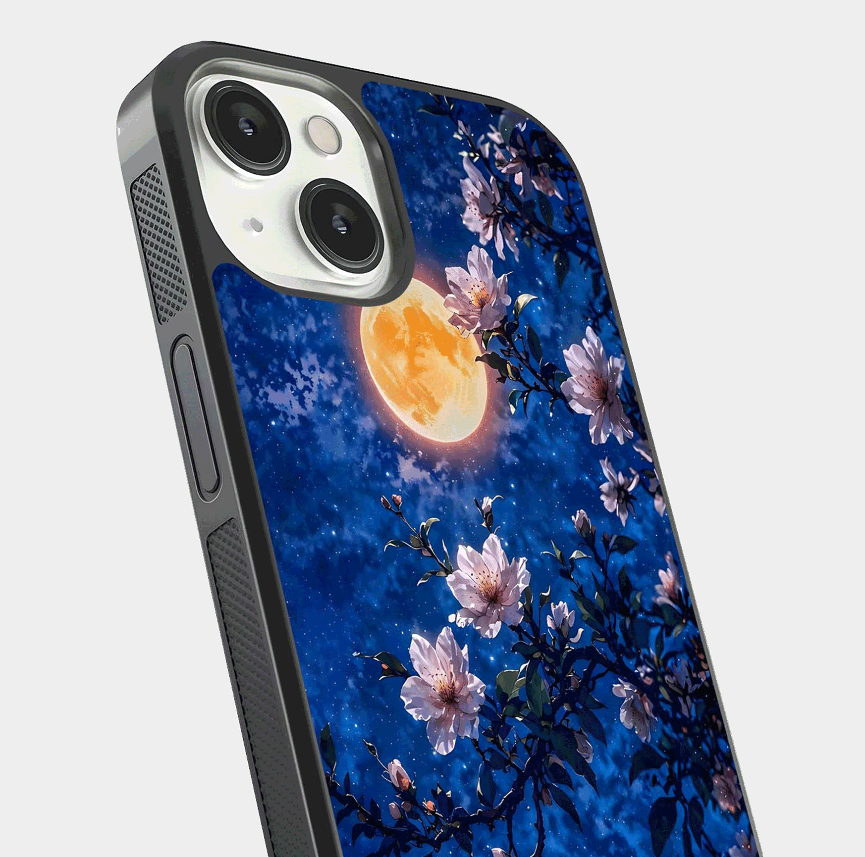 Moonlit Blossoms Night Glass Case for iPhone 13 close-up angled shot showing petal glow and reflection detail