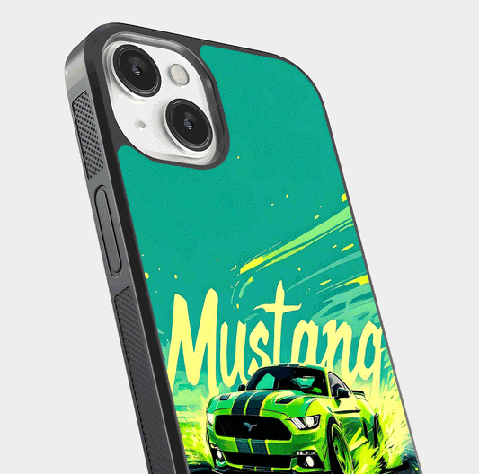 Mustang Bang Glass Case for iPhone 13 close-up angled shot showing car emblem and HD reflection