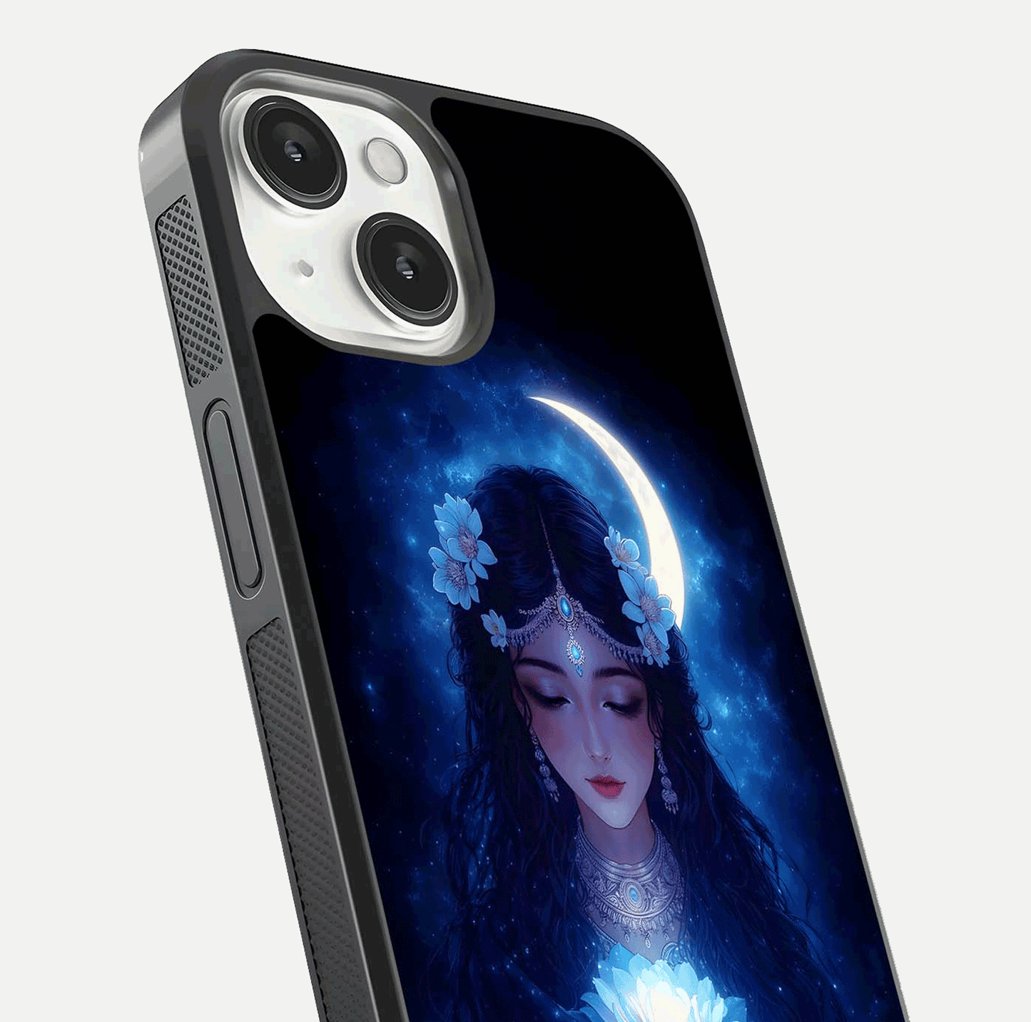 Mystic Moon Queen Glass Case for iPhone 13 close-up angled shot showing shine and lunar tones