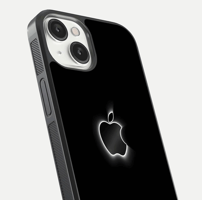 Neon Apple Glow Glass Case for iPhone 13 close-up angled shot highlighting neon reflection and color pop