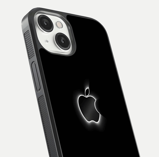 Neon Apple Glow Glass Case for iPhone 13 close-up angled shot highlighting neon reflection and color pop
