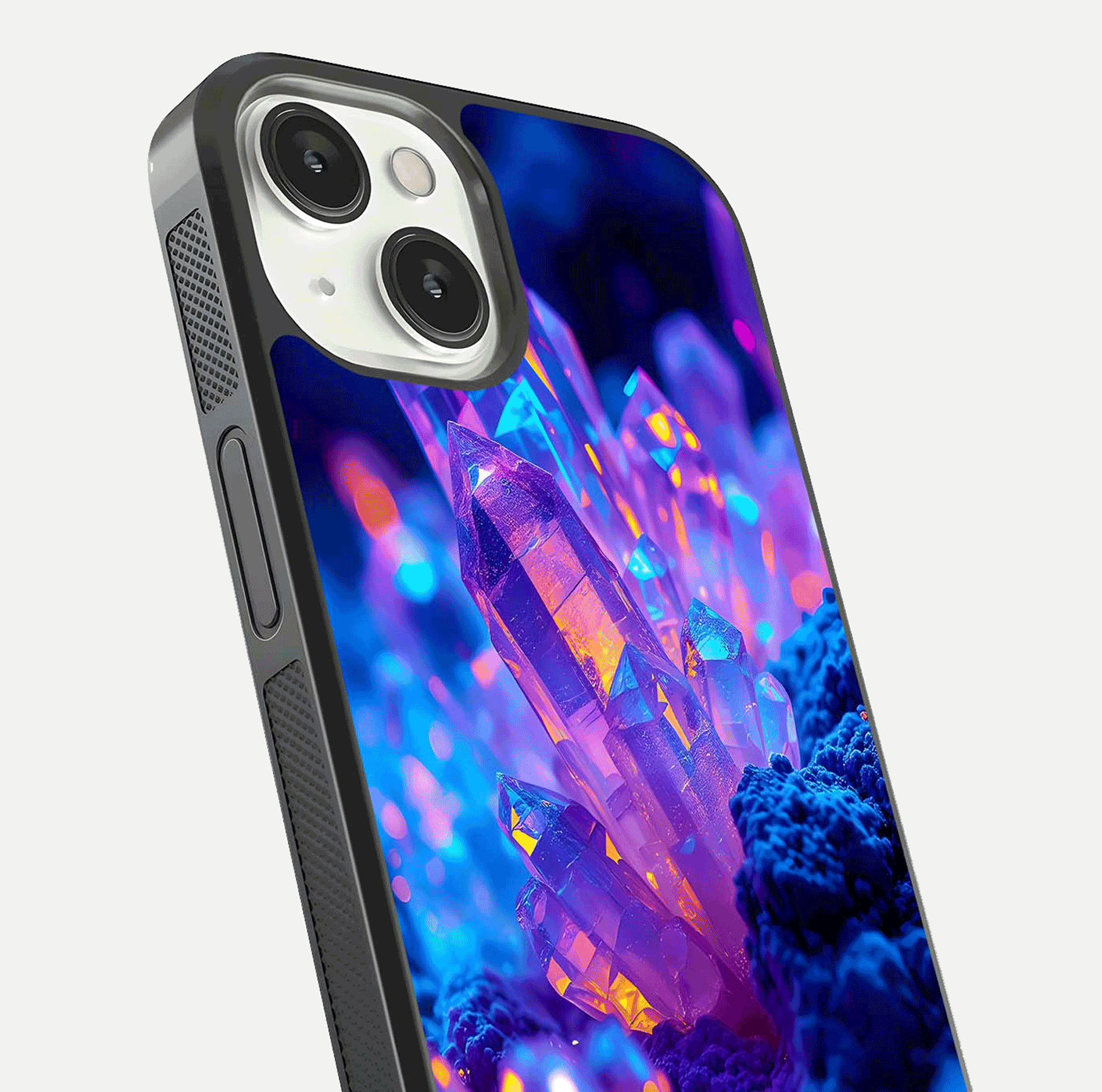 Neon Aura Shards Glass Case for iPhone 13 close-up angled shot highlighting fragment pattern and reflection