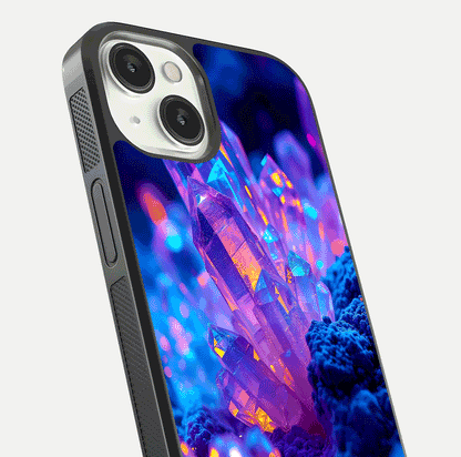 Neon Aura Shards Glass Case for iPhone 13 close-up angled shot highlighting fragment pattern and reflection