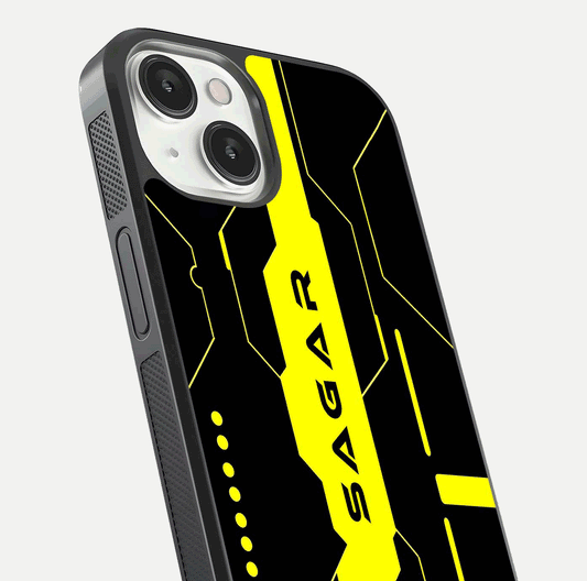 Neon CYBERPUNK Custom Name Glass Case for iPhone 13 close-up angled shot highlighting electric colors and reflection