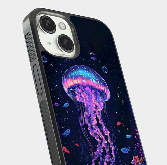 Neon Jellyfish Glass Case for iPhone 13 close-up angled shot showing translucent jellyfish and shine reflection