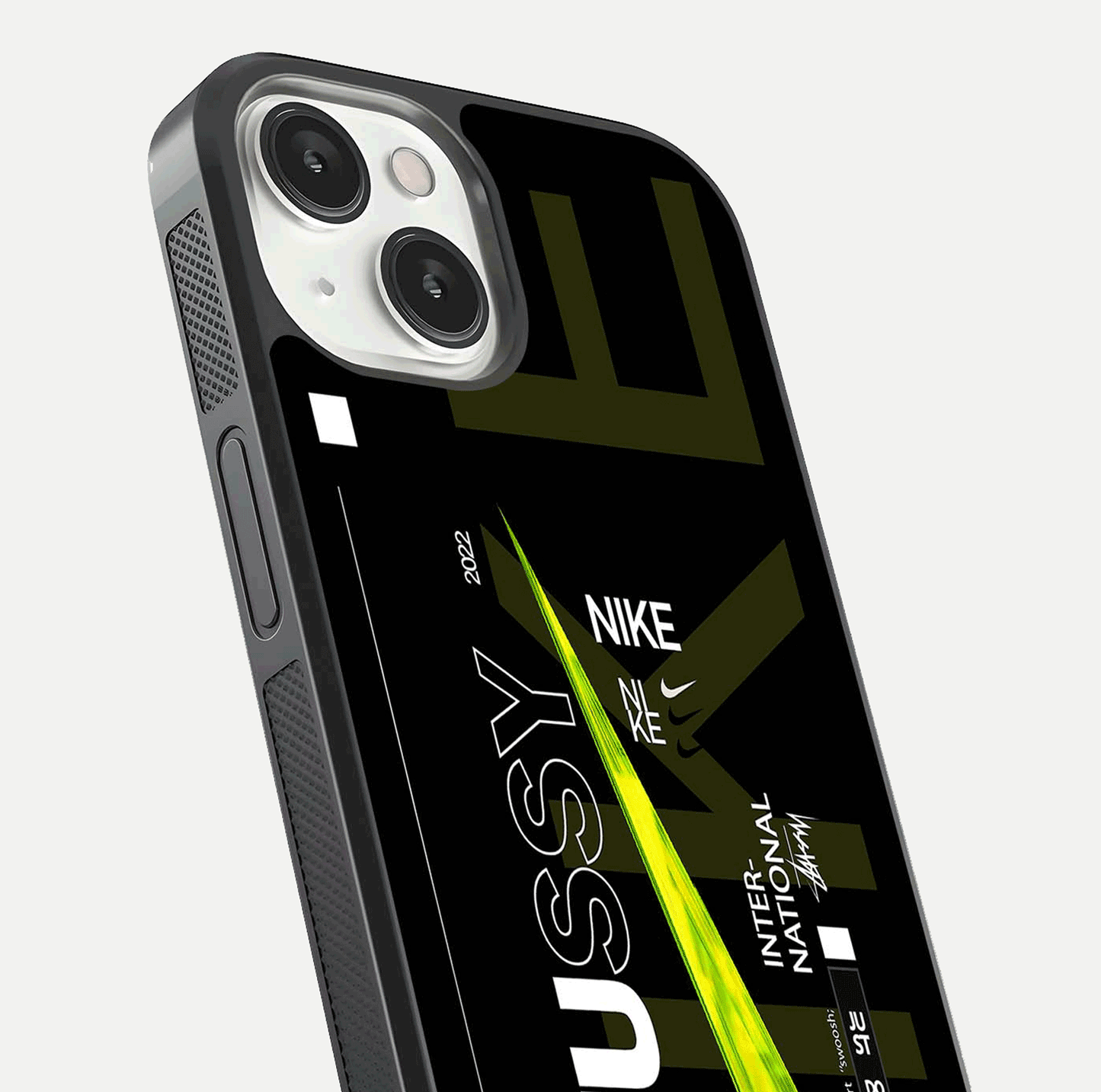 Neon Street Edition Glass Case for iPhone 13 close-up angled shot showing urban neon lights and shine