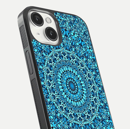 Ocean Bloom Mandala Glass Case for iPhone 13 close-up angled shot highlighting detailed mandala and reflection