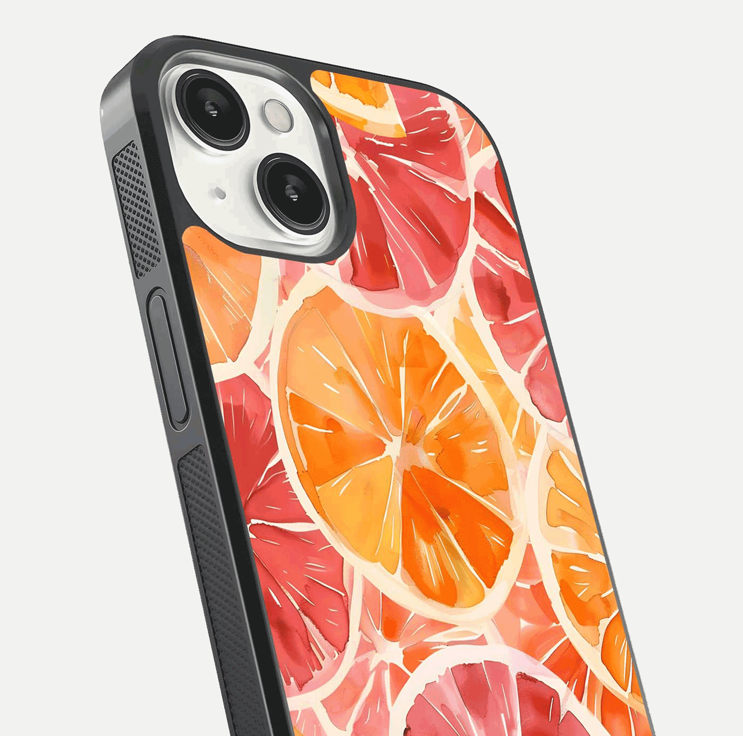 Orange Fruits Pattern Glass Case for iPhone 13 close-up angled shot showing juicy fruit texture and reflection