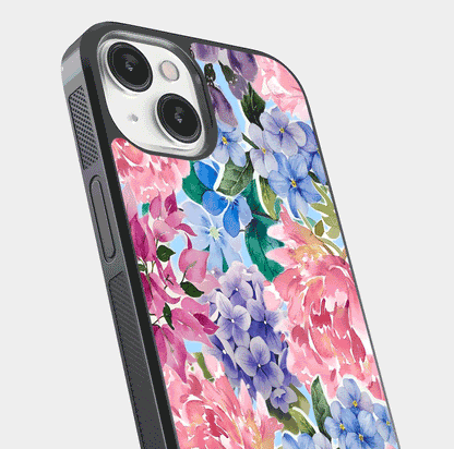 Pastel Floral Mix Glass Case for iPhone 13 close-up angled shot highlighting flower detail and reflection