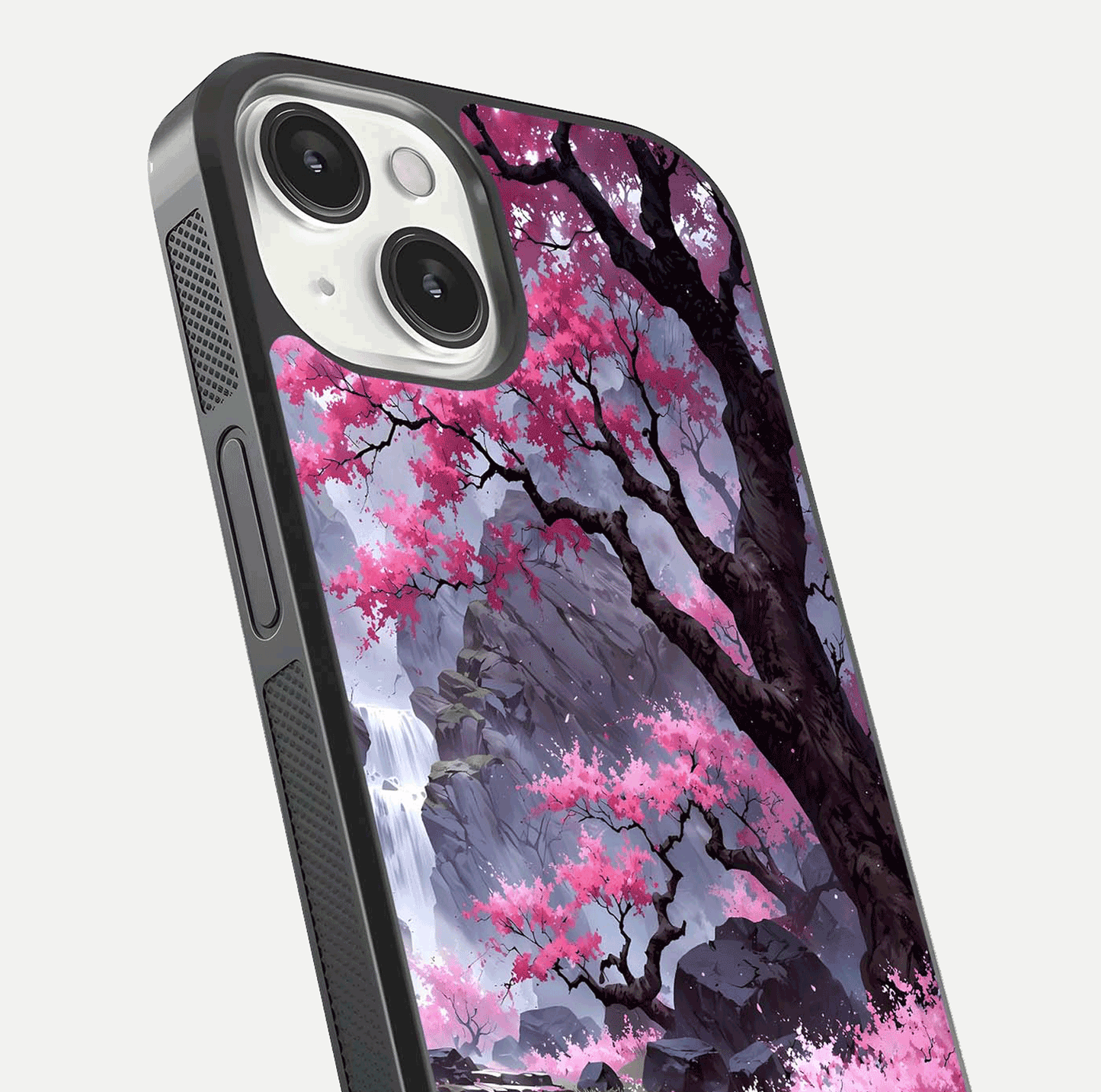 Pinkish Scenery Glass Case for iPhone 13 close-up angled shot showing reflection and gradient color blend