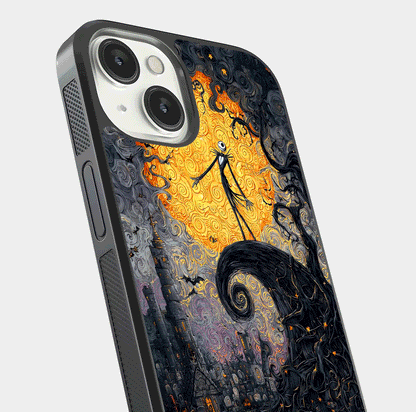 Pumpkin Moon Night Glass Case for iPhone 13 close-up angled shot showing moon reflection and Halloween glow