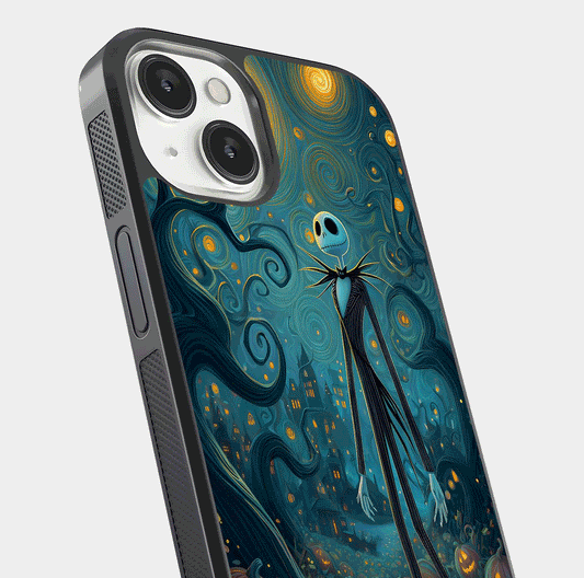 Pumpkin Moonlight Tale Glass Case for iPhone 13 close-up angled shot highlighting reflection and vibrant glow