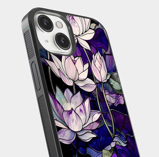 Purple Lotus Pattern Glass Case for iPhone 13 close-up angled shot showing petal texture and HD reflection