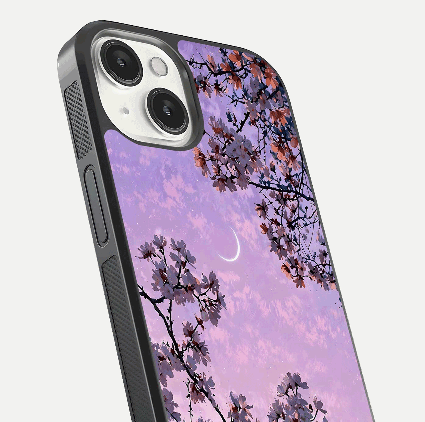Purple Serenity Moon Glass Case for iPhone 13 close-up angled shot showing reflection and gradient purple hues