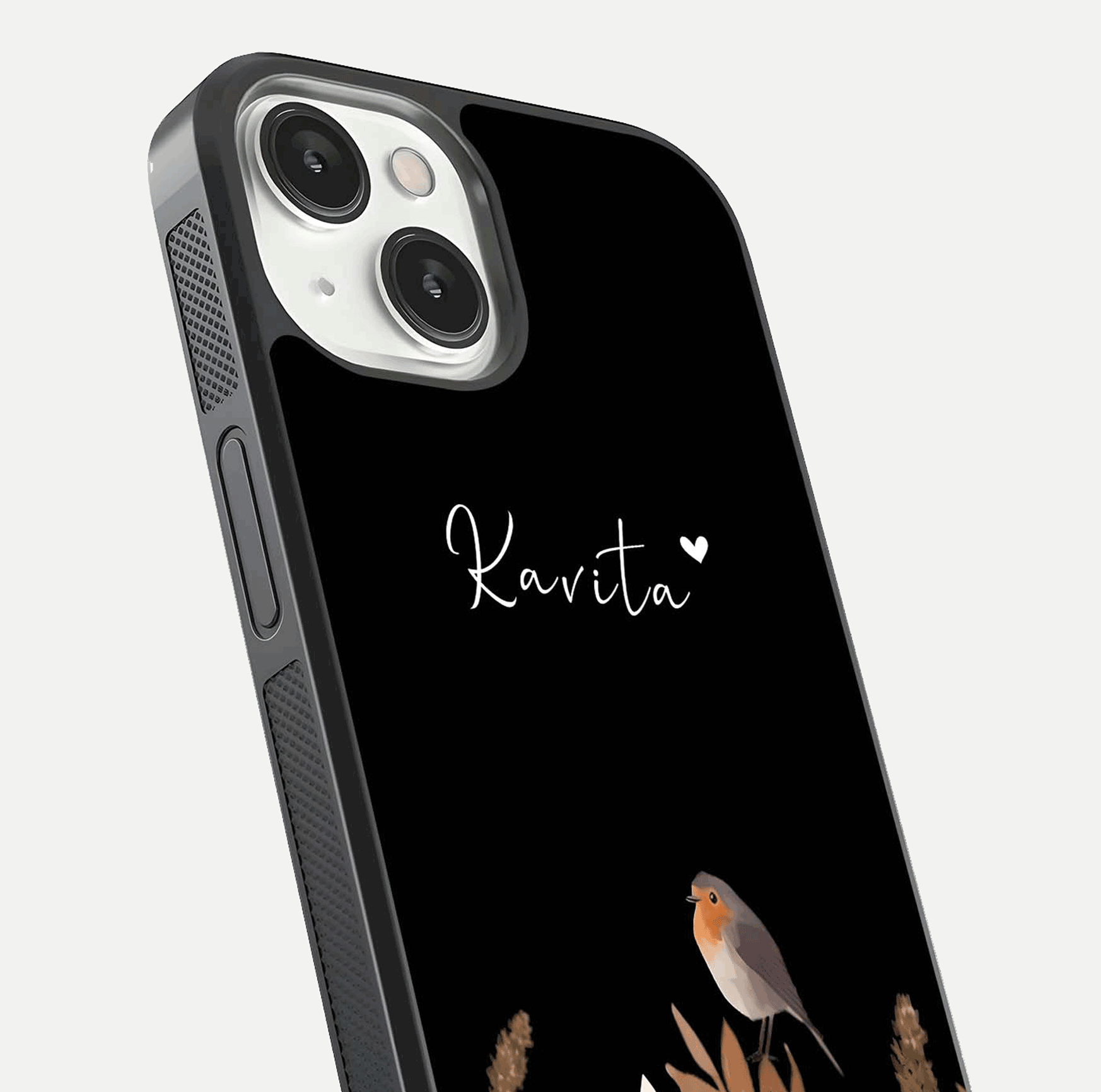 Quiet Garden Tune Custom Name Glass Case for iPhone 13 close-up angled shot showing soft tones and gloss reflection