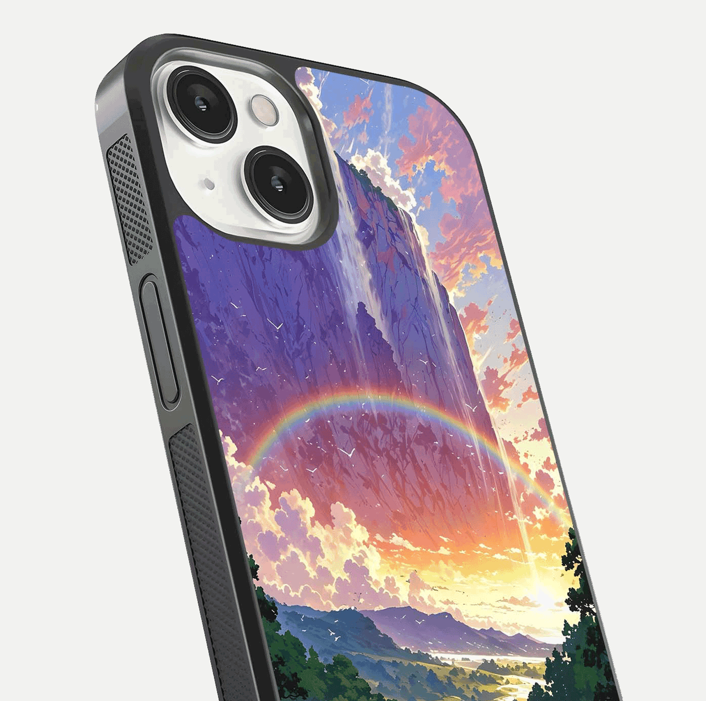 Rainbow Valley Dream Glass Case for iPhone 16 Pro close-up angled shot highlighting gradient tones and HD shine