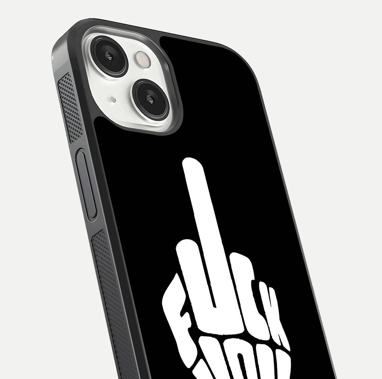 Rebel Mode On Glass Case for iPhone 13 close-up angled shot highlighting reflective text and sharp design