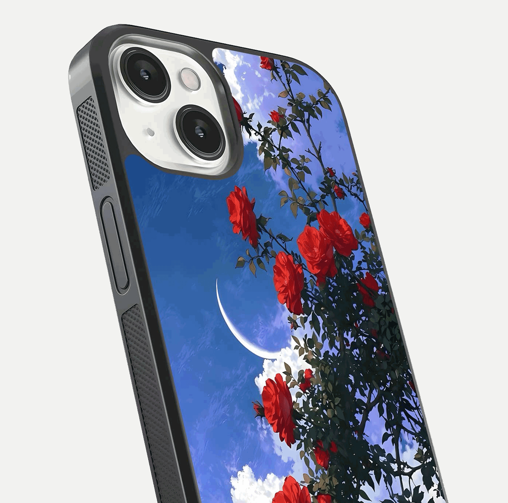 Rose Drift Flowers Glass Case for iPhone 13 close-up angled shot highlighting floral texture and reflection