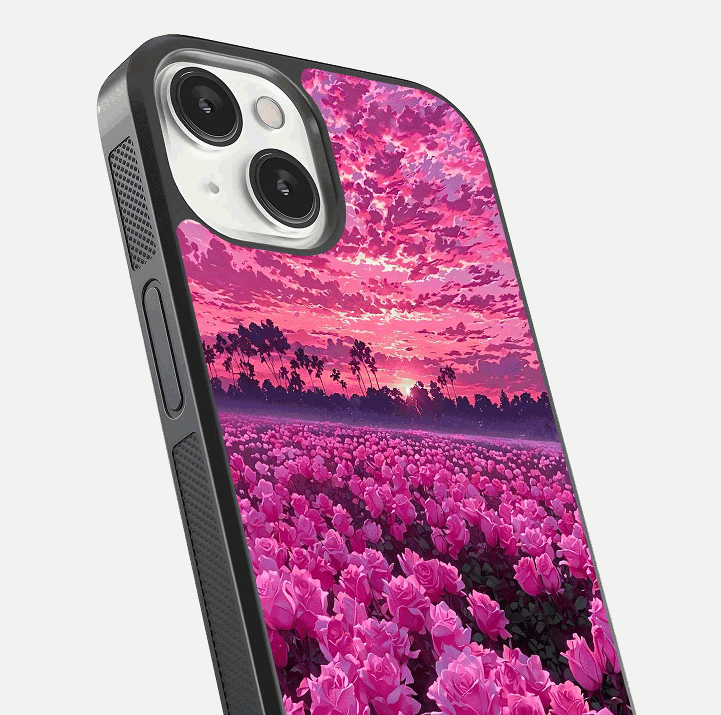 Rose Sunset Valley Glass Case for iPhone 13 close-up angled shot showing rose detailing and golden hues