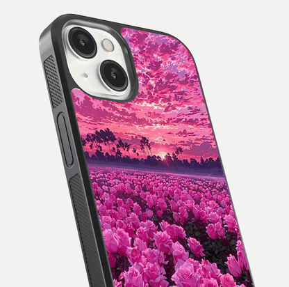 Rose Sunset Valley Glass Case for iPhone 13 close-up angled shot showing rose detailing and golden hues