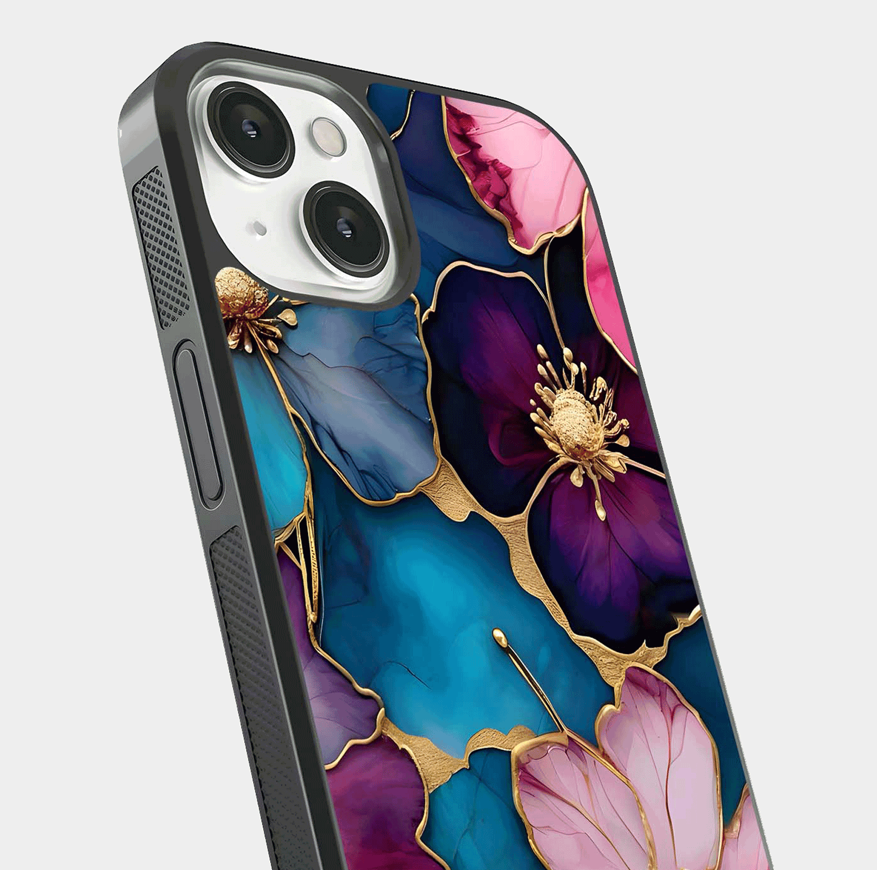 Sparkle Floral Glass Case for iPhone 13 close-up angled shot highlighting shimmer details and reflection