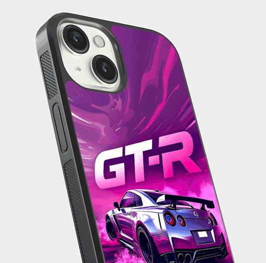 Speed Drift Legend Glass Case for iPhone 13 close-up angled shot highlighting speed lines and reflection
