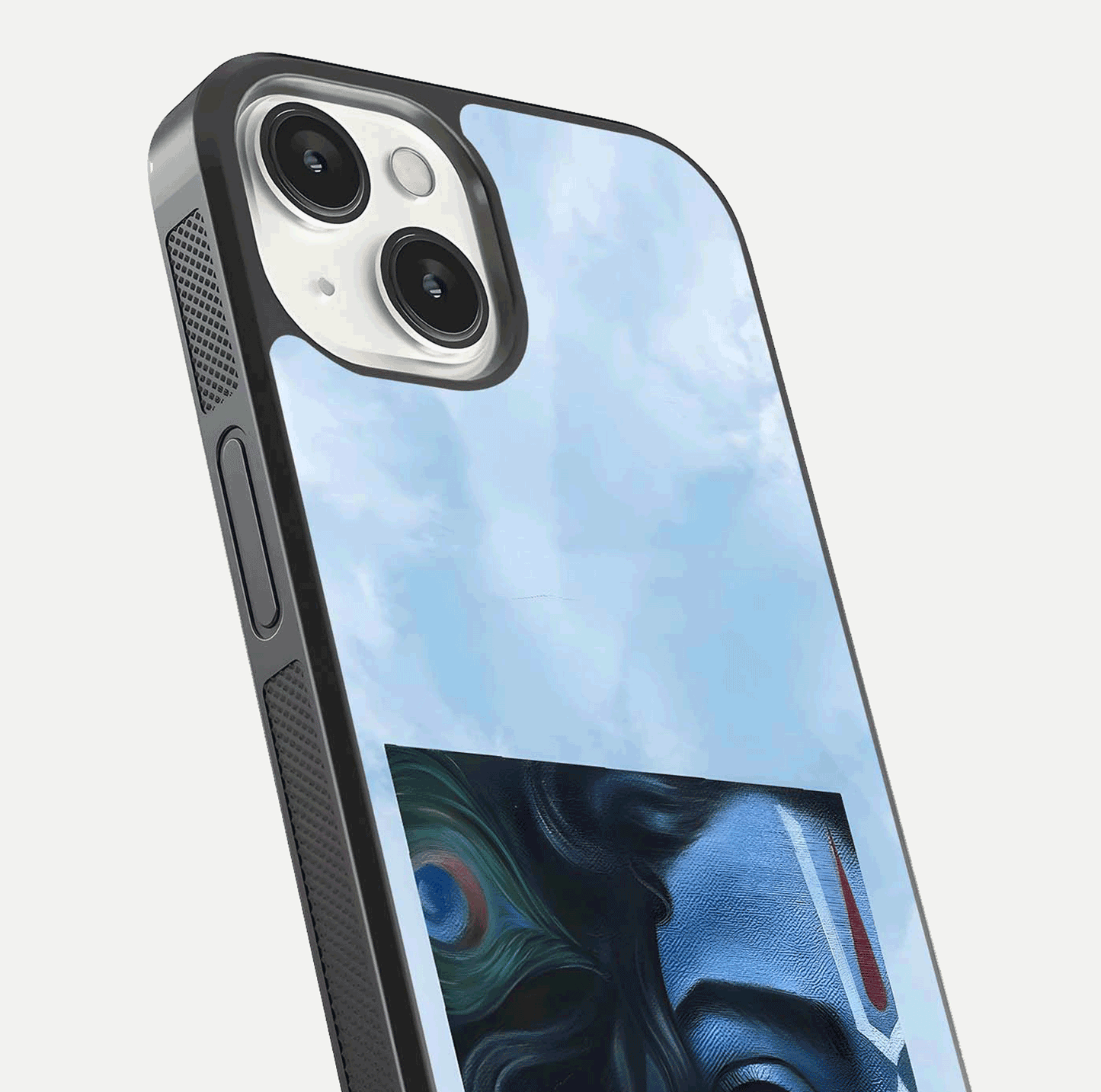 Spiritual Krishna Glass Case for iPhone 16 Pro close-up angled shot showing HD print, color tone, and reflection