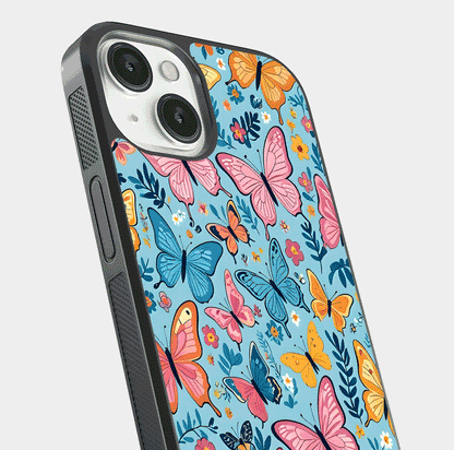 Spring Wing Garden Glass Case for iPhone 13 close-up angled shot highlighting petal details and reflection