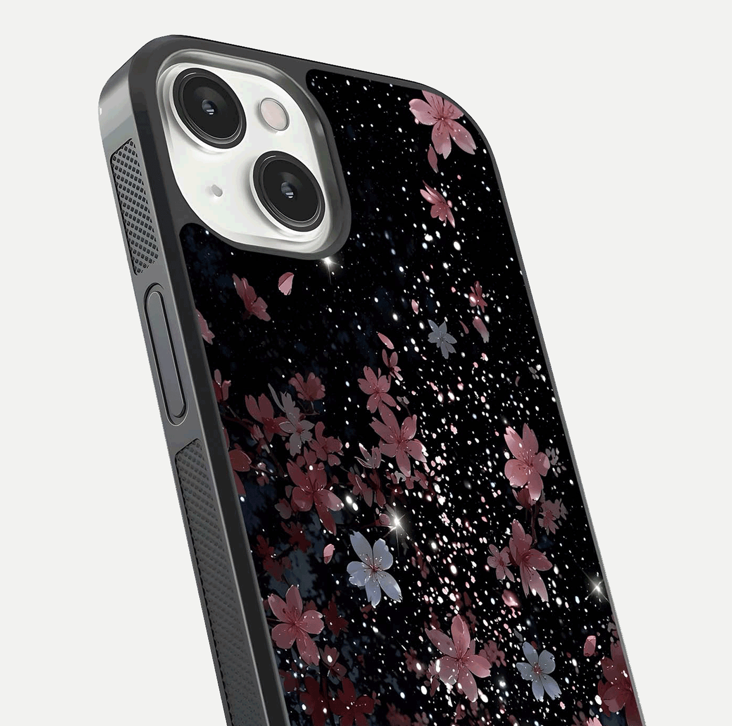 Starlit Flower Dreams Glass Case for iPhone 13 close-up angled shot highlighting petal reflection and HD depth