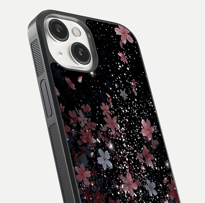 Starlit Flower Dreams Glass Case for iPhone 13 close-up angled shot highlighting petal reflection and HD depth