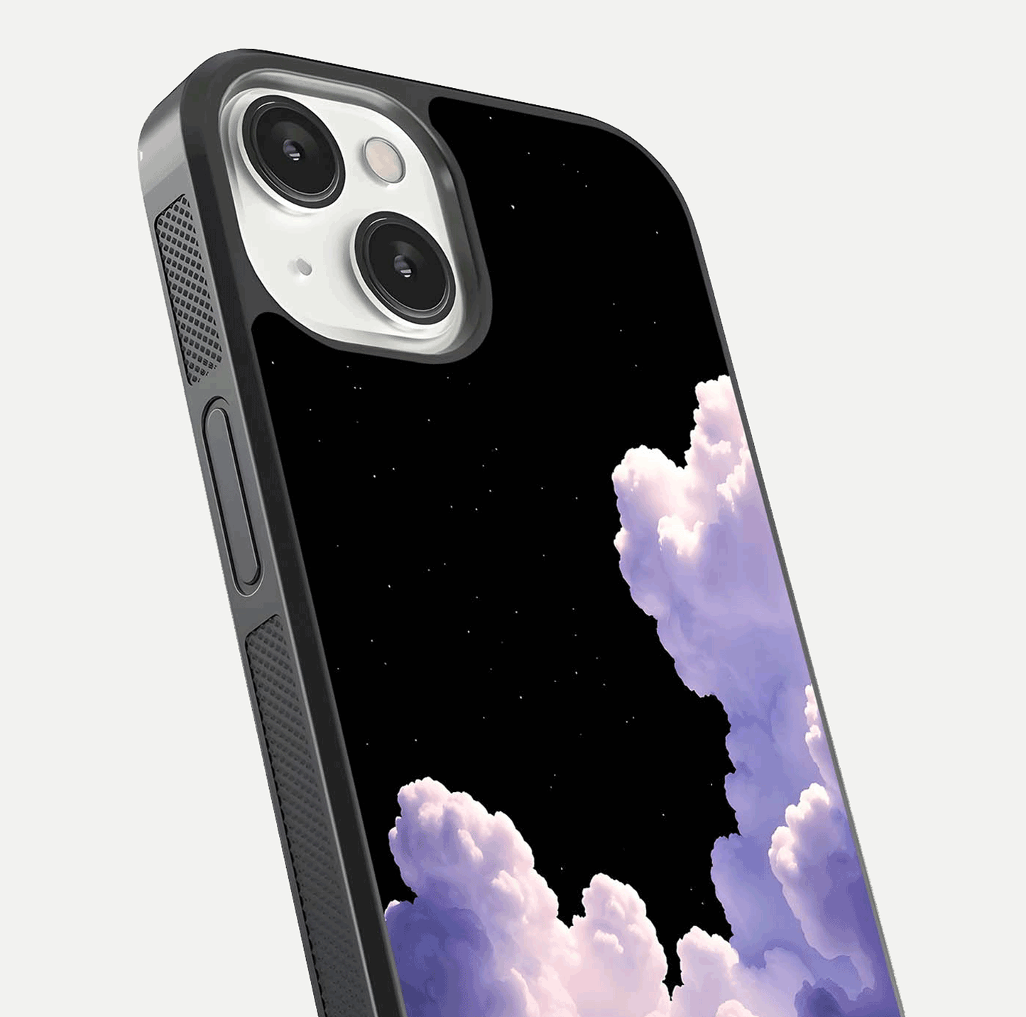 Starlit Night Whispers Glass Case for iPhone 13 close-up angled shot highlighting stars and reflection
