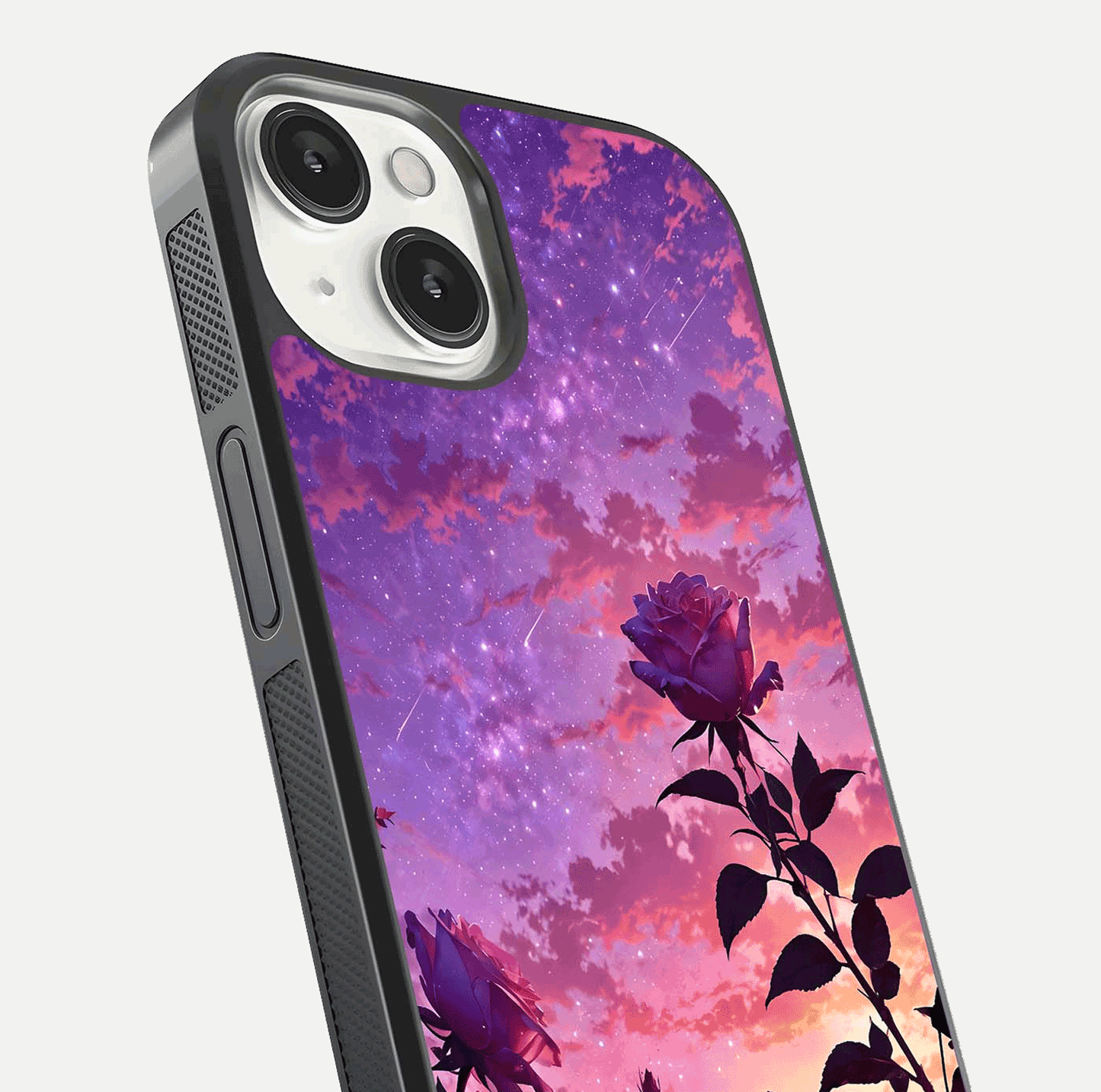 Starlit Rose Twilight Glass Case for iPhone 13 close-up angled shot highlighting rose detail and reflection
