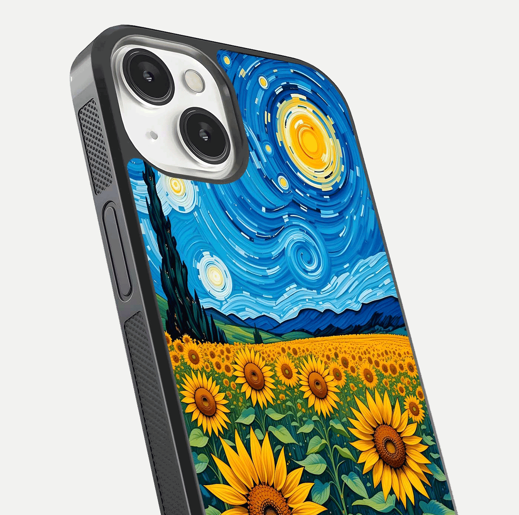 Starry Sunflower Dreams Glass Case for iPhone 13 close-up angled shot highlighting petal texture and gloss