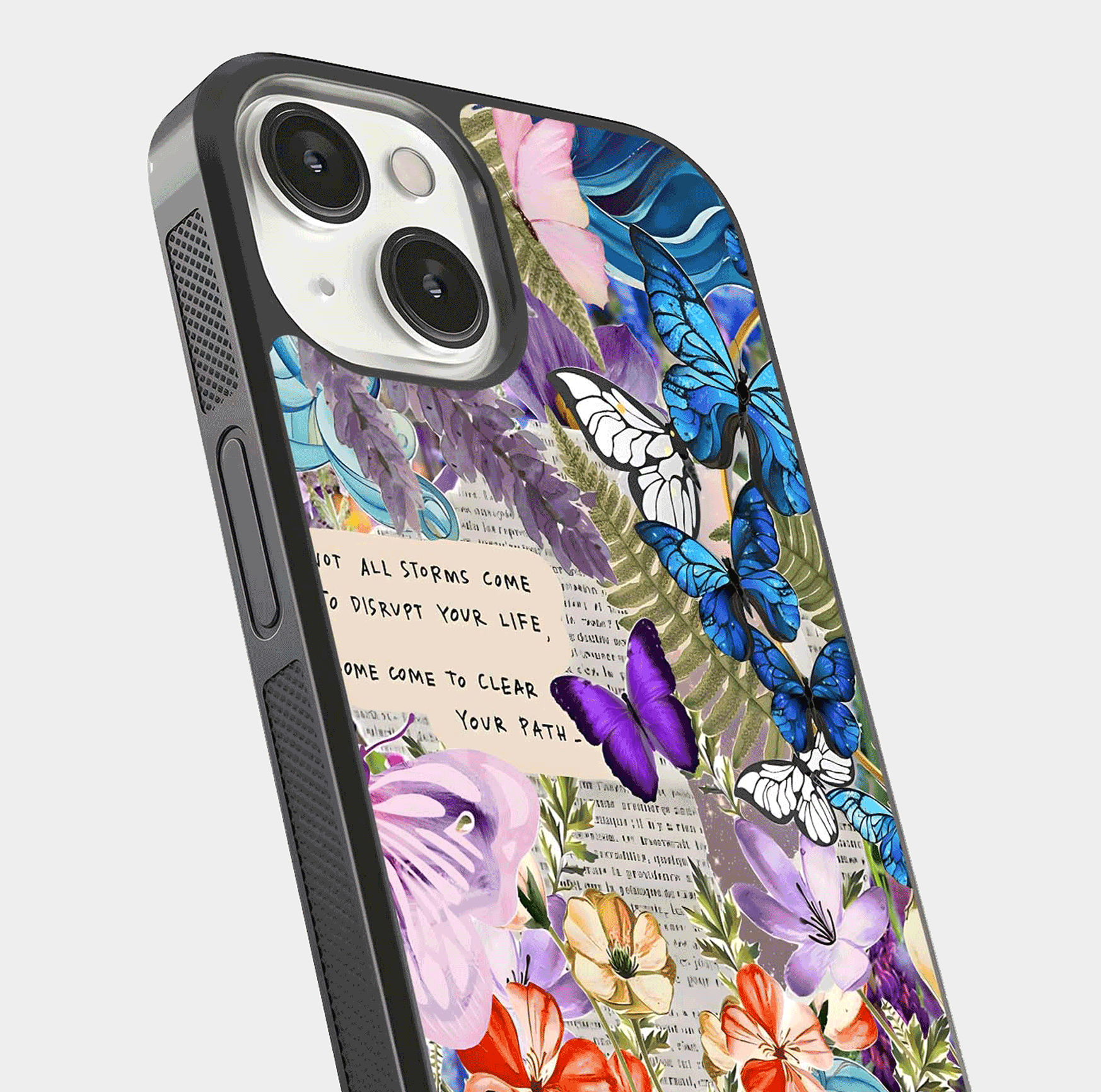 Storm Path Bloom Glass Case for iPhone 13 close-up angled shot highlighting bloom texture and reflection